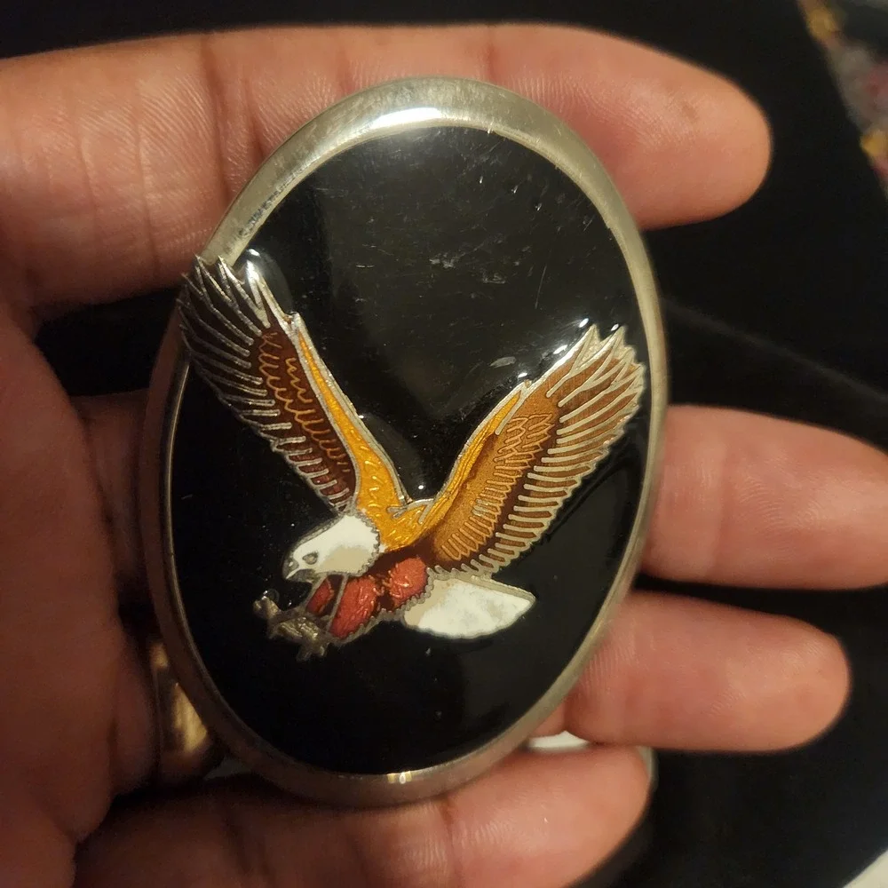 Vintage Soaring Eagle Bolo Black Enamel‎ Silver Tone Oval Western Americana